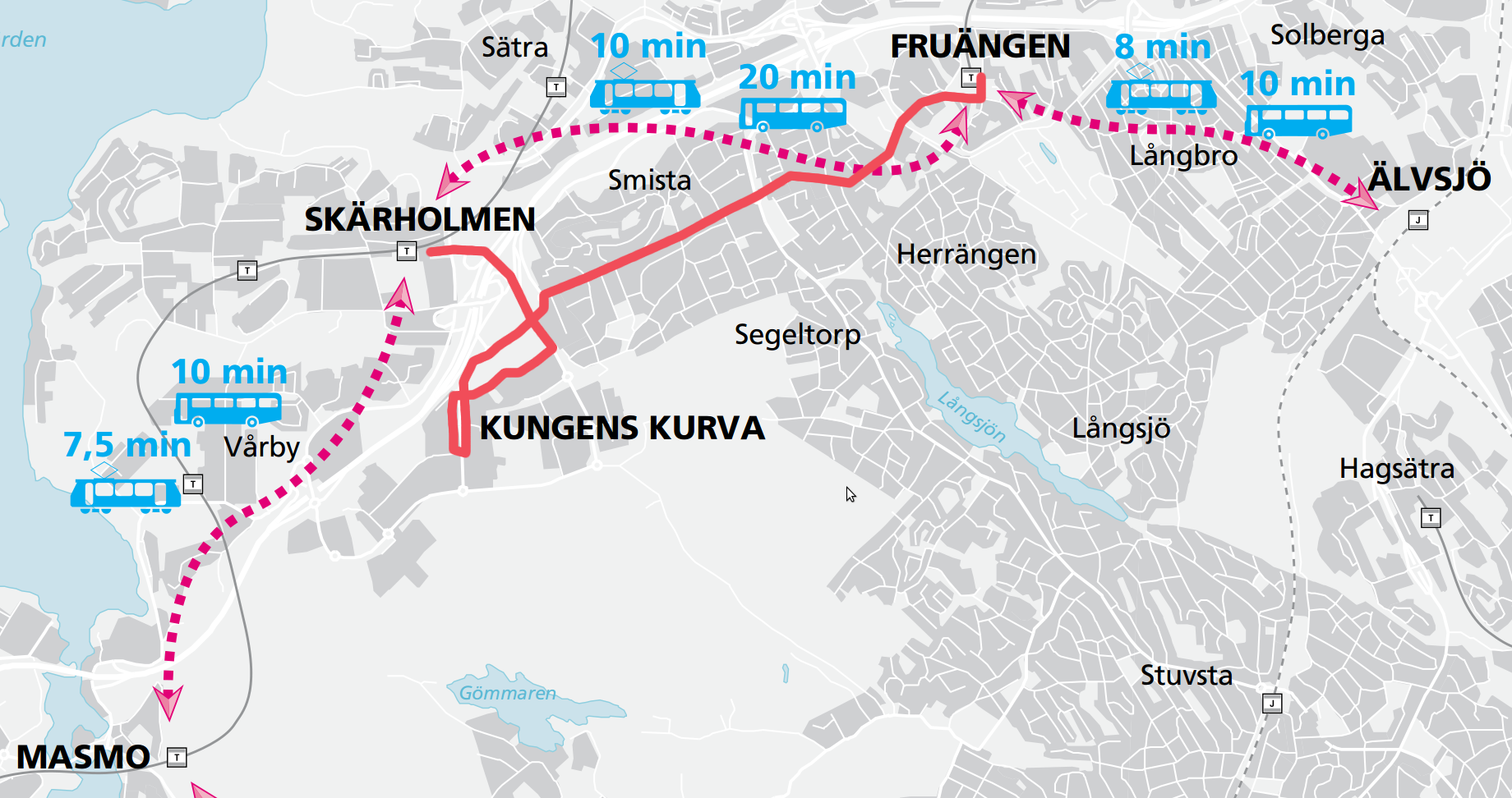 Ovanstående karta med linjesträckning för buss 707 utritad