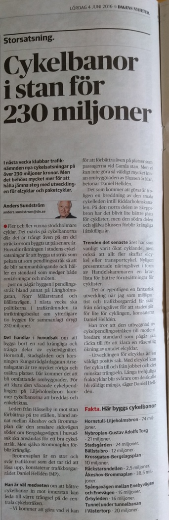 Artikel i DN om kommande inriktningsbeslut om cykelbanor m.m