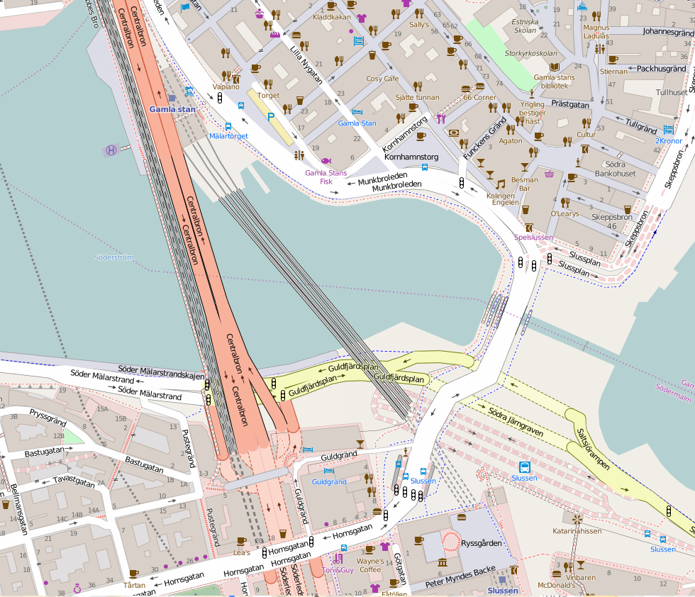 Slussen enligt OpenStreetMap. Hur det ser ut nu med den östra bron avstängd.