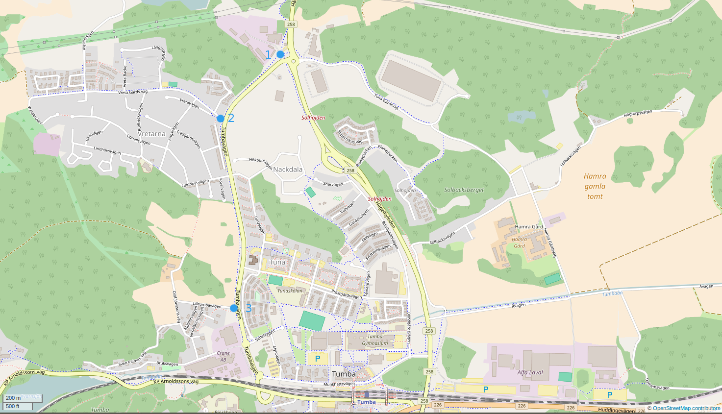 Karta över de tre platserna