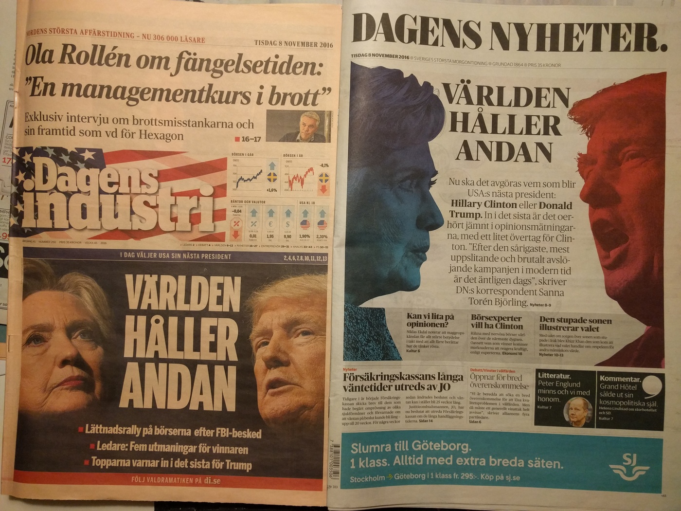 Förstasidorna Di och DN, tisdag 8/11