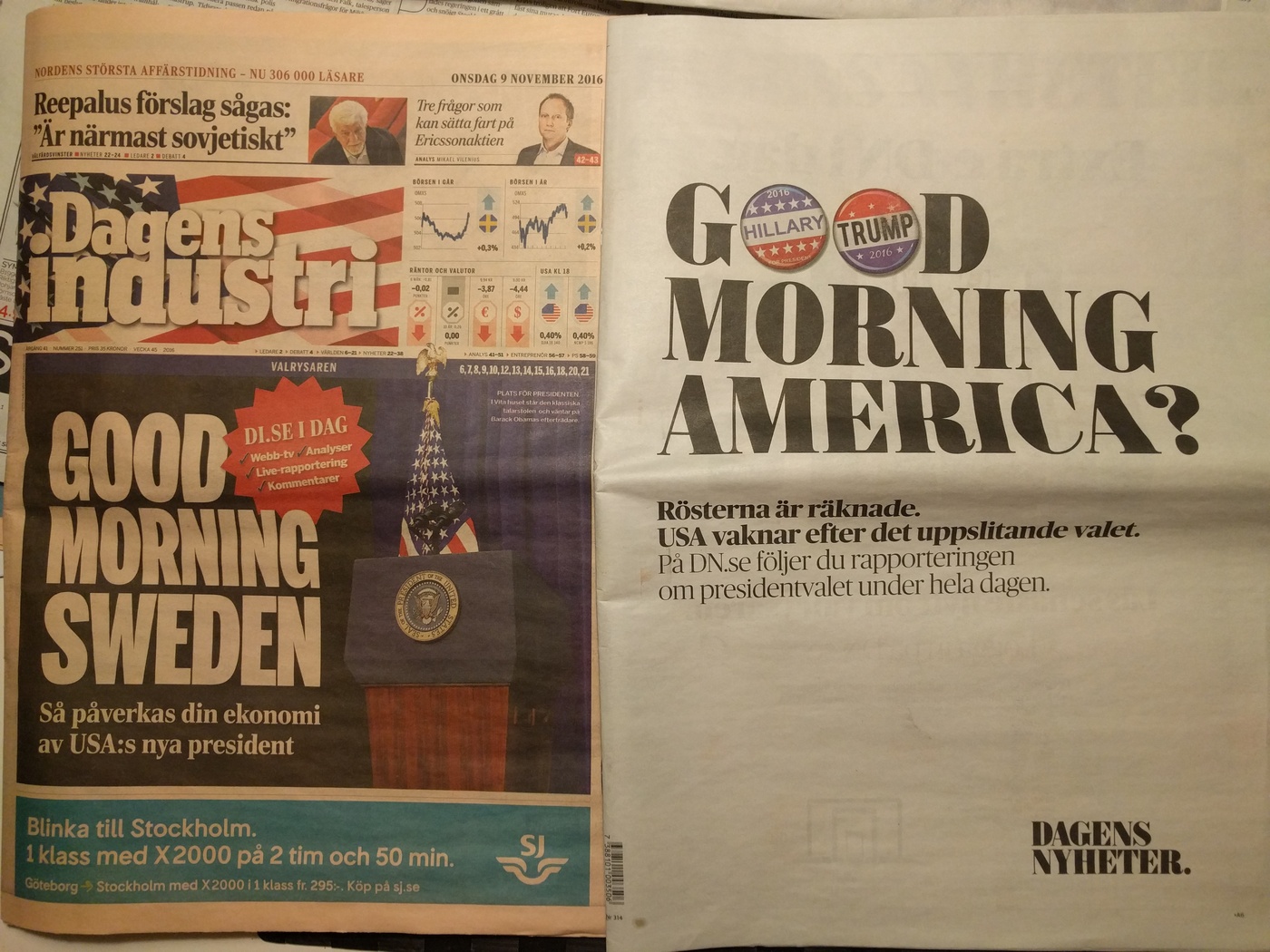 Förstasidorna Di och DN, onsdag 9/11