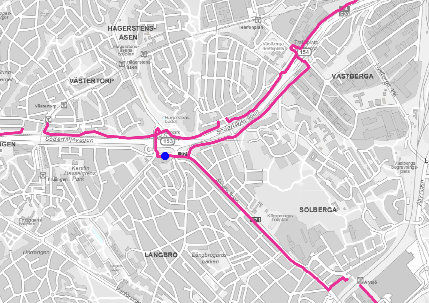 Karta över cykelstråken runt Brännkyrka brandstation med omnejd